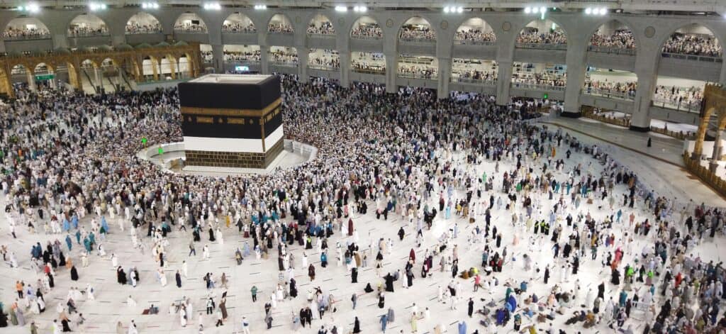 Muslims practising raml during tawaf